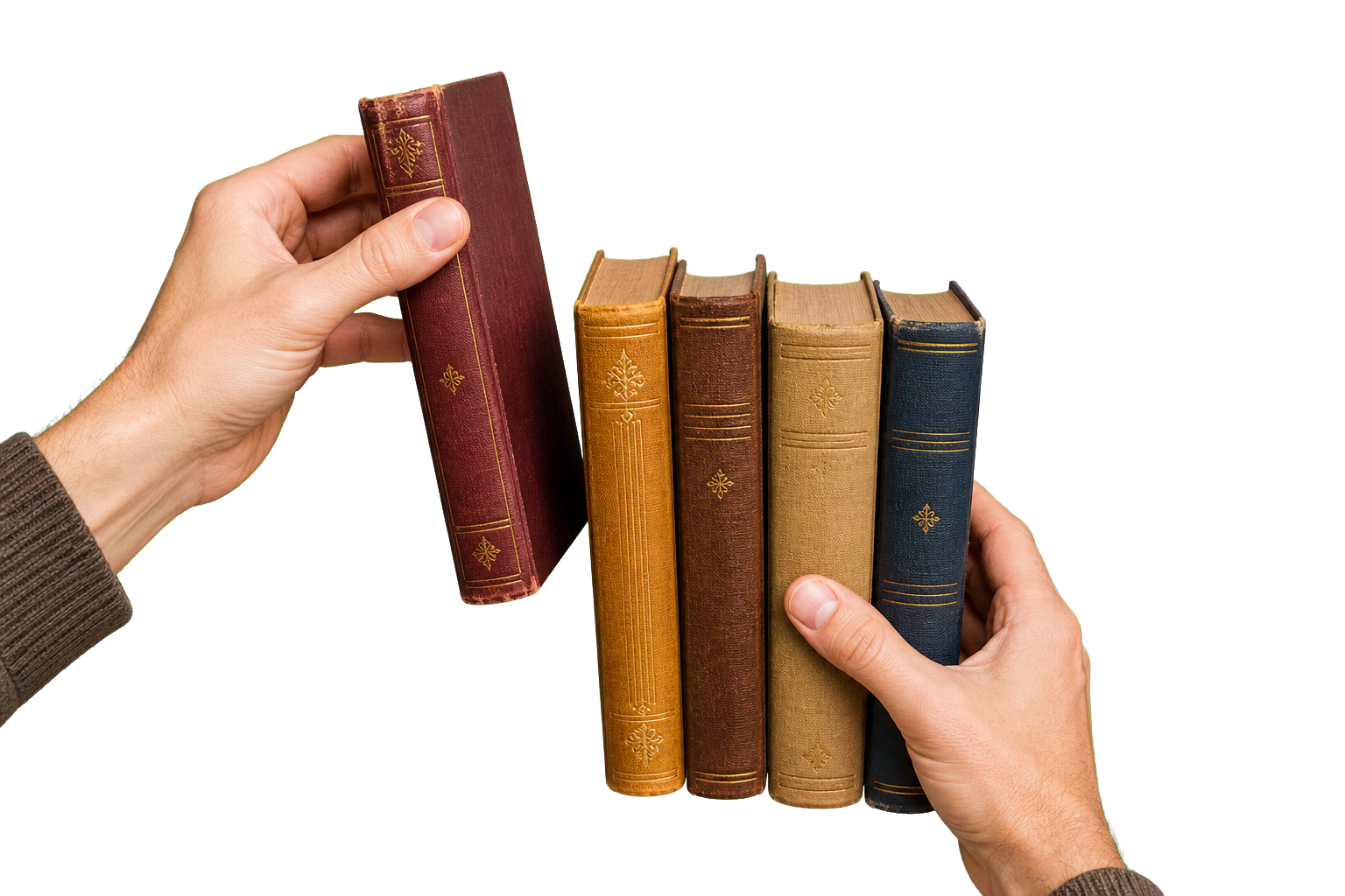 Руки подбирают книги по оттенку и фактуре корешков